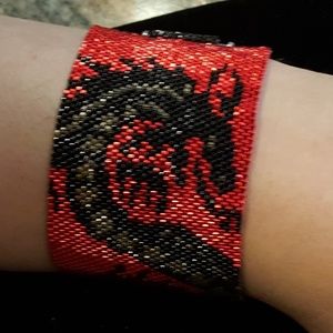 Hand sewn beaded bracelet dragon sterling clasp